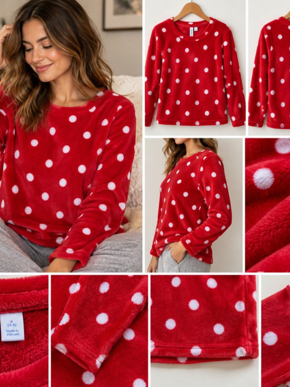 Joyspun Red White Polka Dot Plush Fleece Pajama Top Small